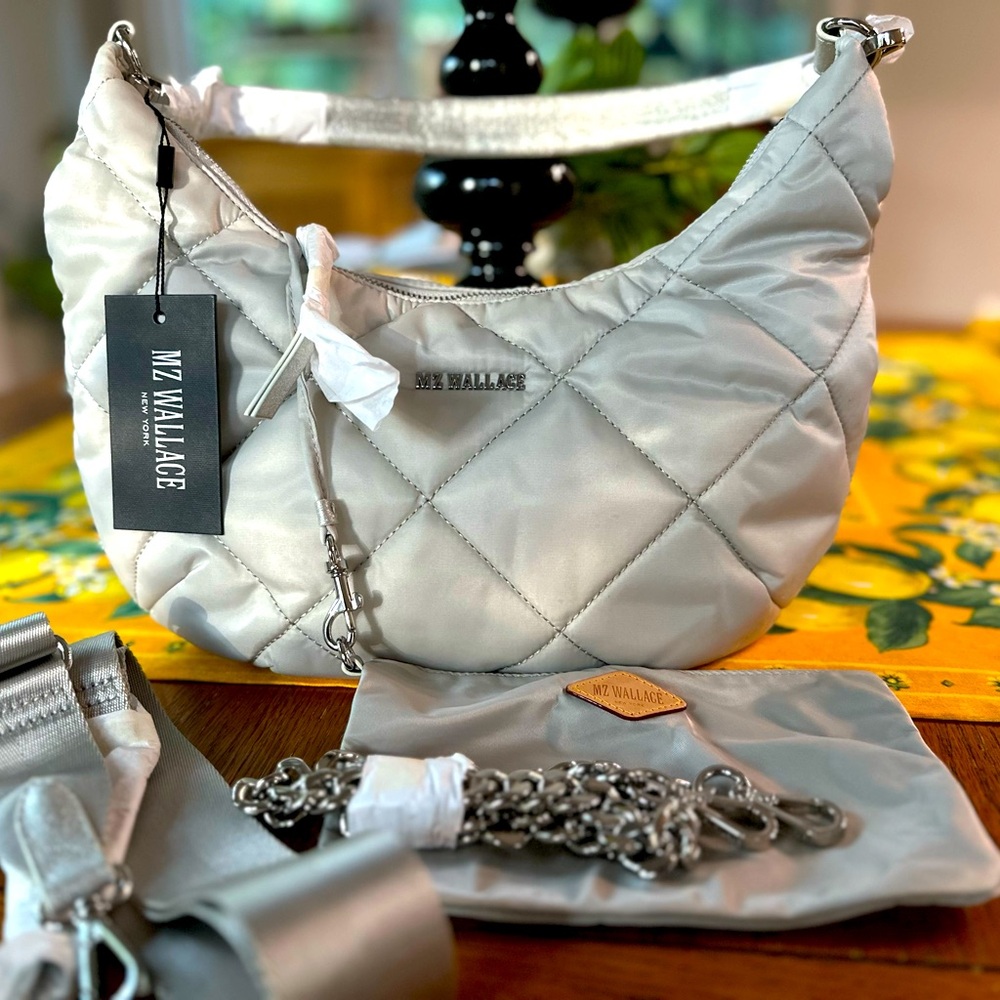 MZ WALLACE FROST SILVER GRAY Madison Shoulder Bag Chain Quilted Nylon Bag NWT
